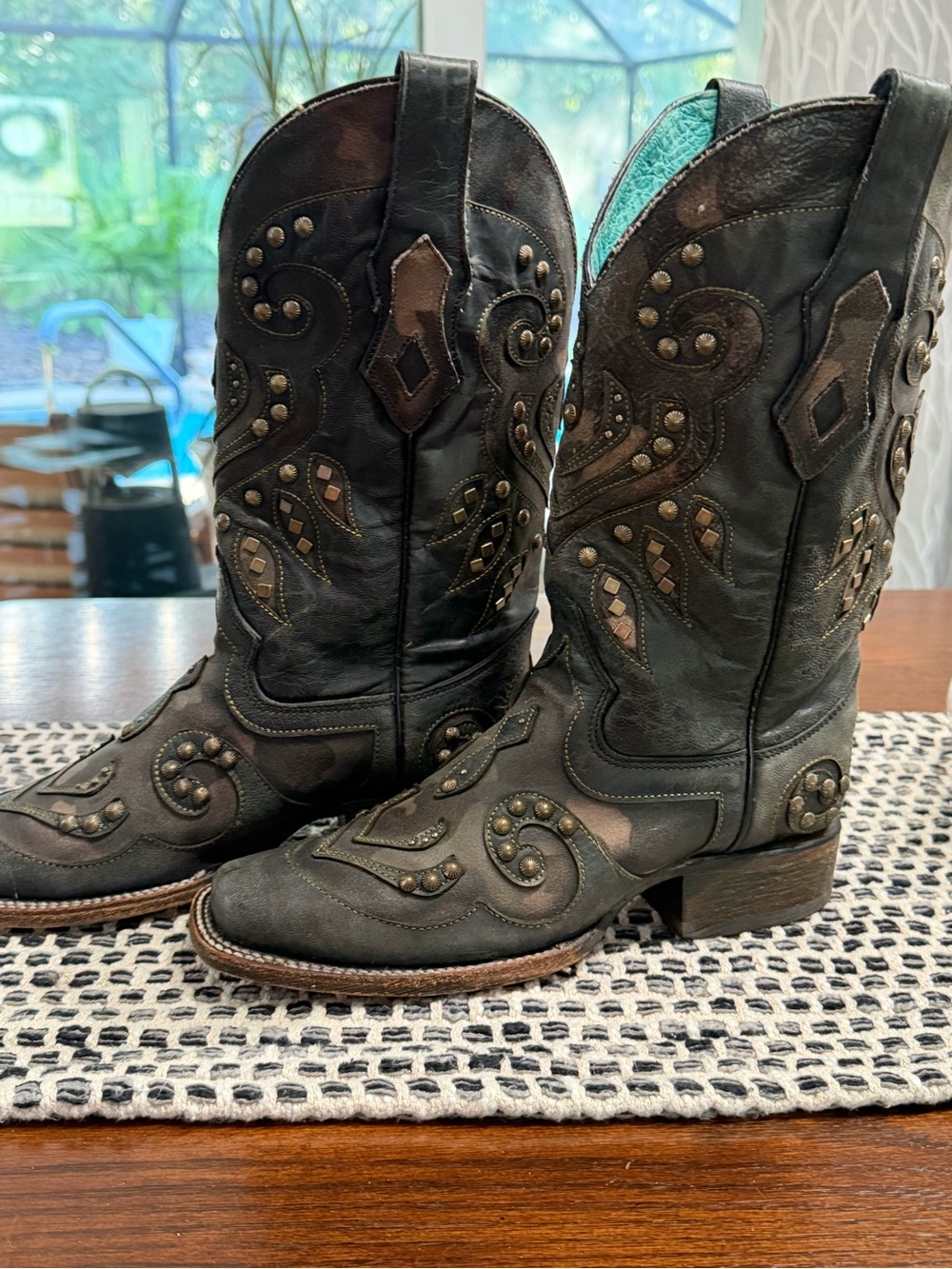 Corral Black and Camo Studded Western Boot with Teal Lining